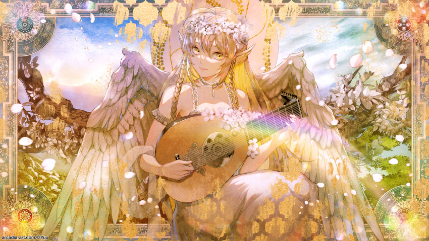 1girl angel_wings bangs bare_shoulders blonde_hair braid brown_hair commentary_request dress eyebrows_visible_through_hair feathered_wings flower hair_between_eyes hair_flower hair_ornament head_wings highres holding holding_instrument instrument long_hair looking_at_viewer lute_(instrument) multicolored_hair original parted_lips rose shawl solo twin_braids two-tone_hair very_long_hair white_dress white_flower white_rose white_wings wings yellow_eyes yuu_(arcadia)