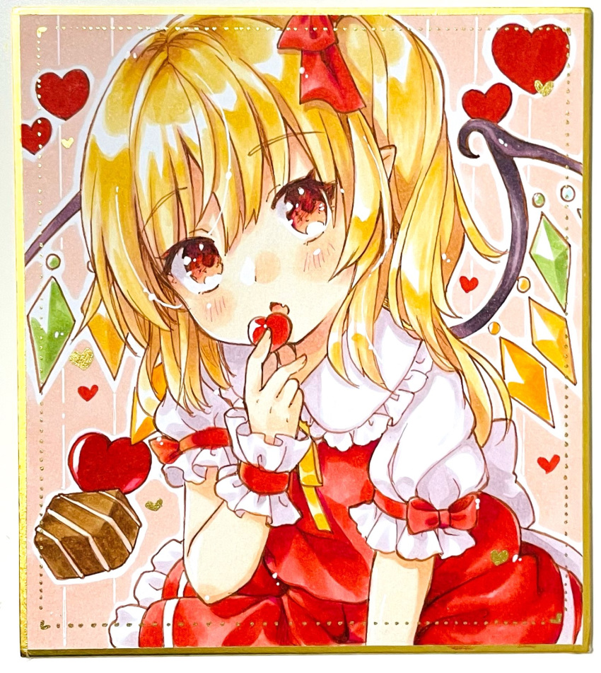 1girl ascot blonde_hair bow chocolate crystal eating fang flandre_scarlet frilled_shirt_collar frilled_sleeves frills hair_ribbon heart highres medium_hair mimi_(mimi_puru) one_side_up open_mouth photo_(medium) puffy_short_sleeves puffy_sleeves red_bow red_eyes red_ribbon red_skirt red_vest ribbon shikishi shirt short_sleeves skirt solo touhou traditional_media valentine vest waist_bow white_shirt wings yellow_ascot