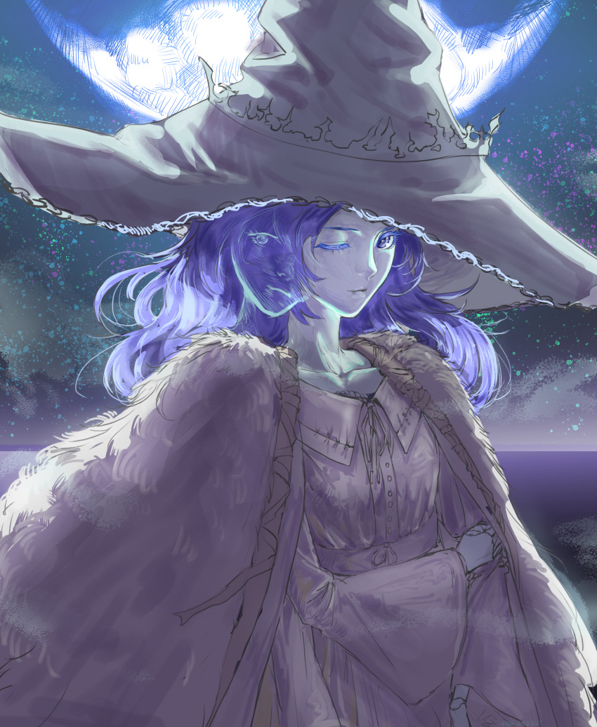 1girl absurdres bananabeta blue_eyes blue_hair cloak closed_mouth colored_skin day dress elden_ring extra_arms extra_faces full_moon fur_cloak grey_skin highres long_hair long_sleeves looking_at_viewer moon outdoors ranni_the_witch sky smile star_(sky) starry_sky white_dress wide_sleeves