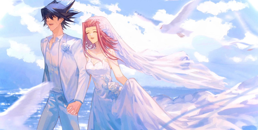 1boy 1girl :d ^_^ alternate_costume blonde_hair blue_hair bridal_veil closed_eyes clouds collarbone collared_shirt day dress dress_shirt floating_hair flower fudou_yuusei highres holding_hands husband_and_wife interlocked_fingers izayoi_aki jacket long_dress long_hair long_sleeves multicolored_hair naoki_(2rzmcaizerails6) ocean open_clothes open_jacket open_mouth open_shirt outdoors pants pink_hair rose shirt sleeveless sleeveless_dress smile spiky_hair sunlight two-tone_hair veil wedding_dress white_dress white_flower white_jacket white_pants white_rose white_shirt wing_collar yu-gi-oh! yu-gi-oh!_5d's