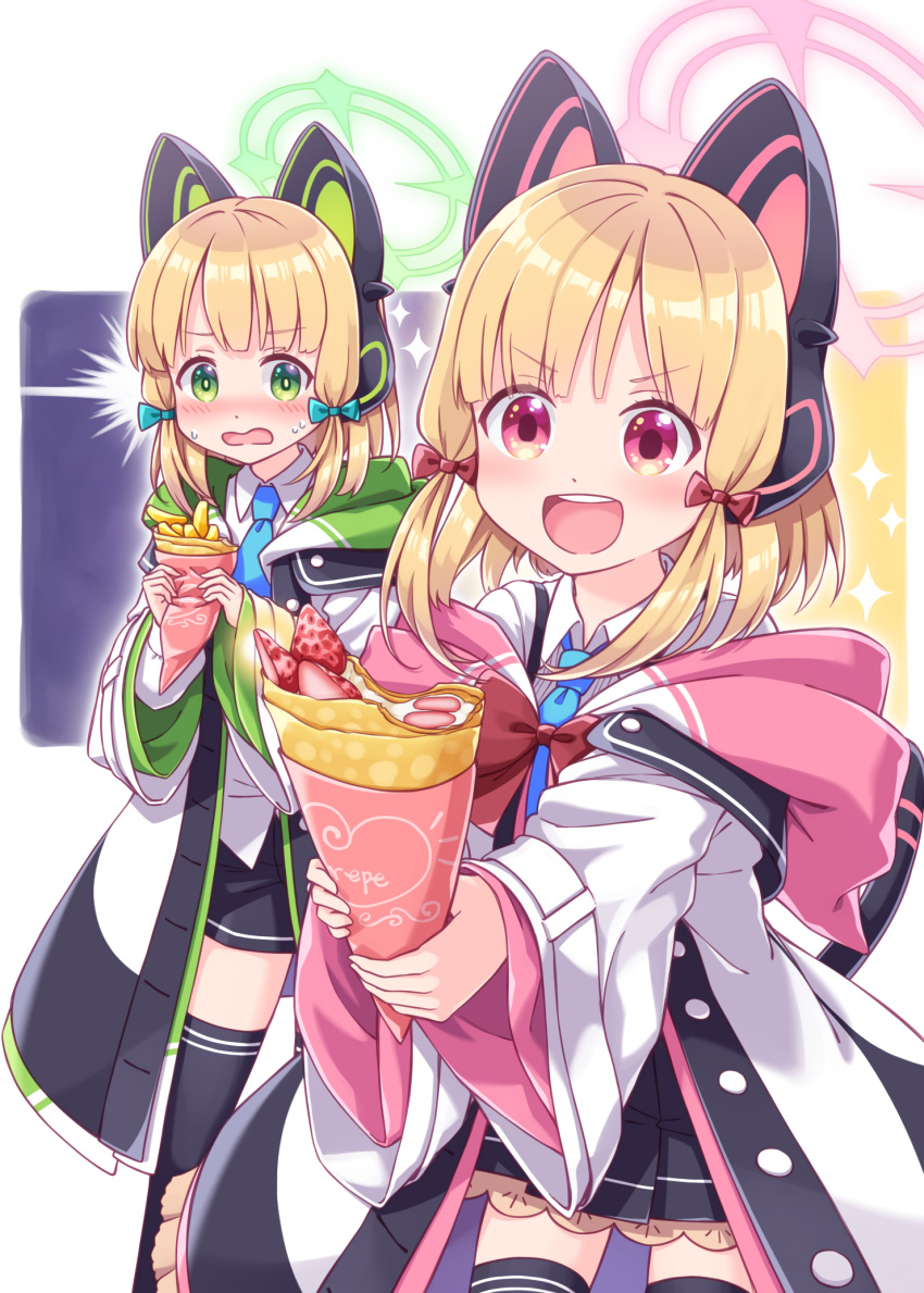 2girls :d animal_ear_headphones animal_ears bangs black_legwear black_skirt blonde_hair blue_archive blue_bow blue_necktie blush bow collared_shirt commentary_request crepe eyebrows_visible_through_hair fake_animal_ears food fruit green_eyes hair_bow halo harada_(sansei_rain) highres holding holding_food hood hood_down hooded_jacket jacket long_sleeves midori_(blue_archive) momoi_(blue_archive) multiple_girls necktie newtype_flash off_shoulder open_clothes open_jacket pleated_skirt red_bow red_eyes shirt siblings sisters skirt sleeves_past_wrists smile sparkle strawberry sweat teeth thigh-highs twins upper_teeth v-shaped_eyebrows wavy_hair white_jacket white_shirt wide_sleeves