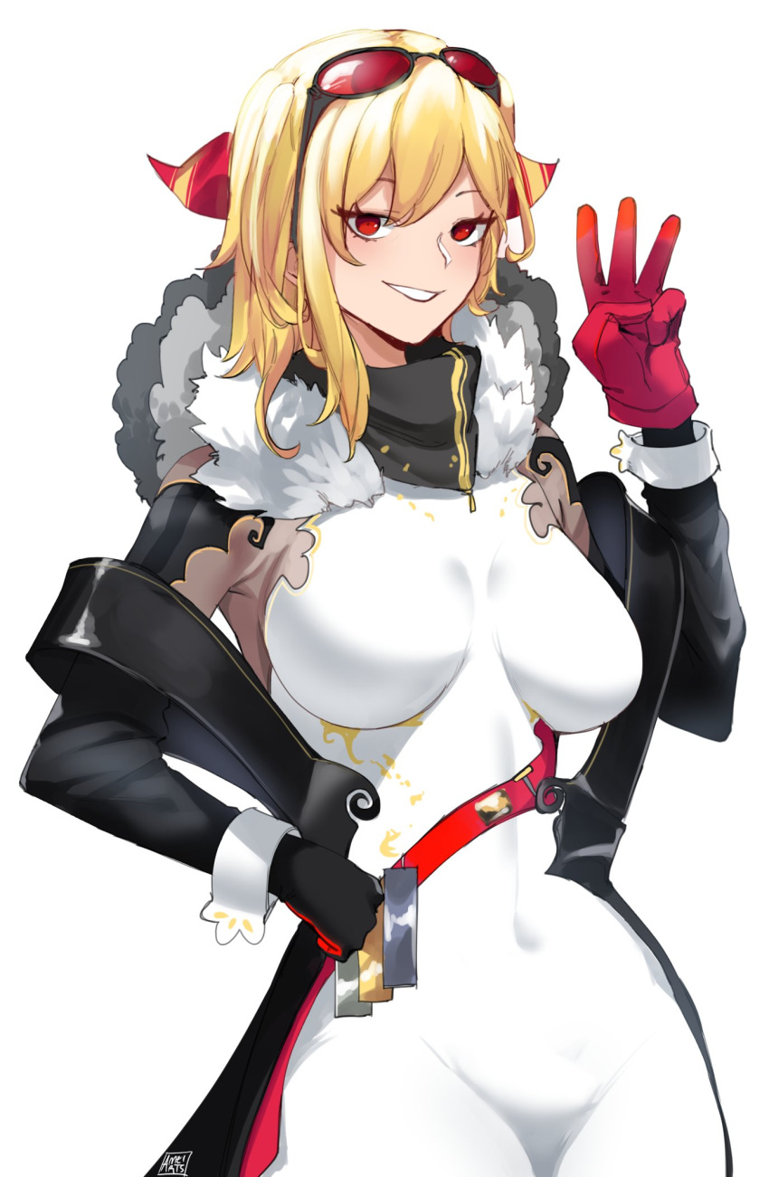 1girl ameiarts bangs black_gloves black_scarf blonde_hair bodysuit breasts clenched_hand covered_navel english_commentary eyebrows_behind_hair eyewear_on_head gloves hand_on_hip highres hololive hololive_indonesia kaela_kovalskia large_breasts red_gloves scarf smile solo sunglasses virtual_youtuber w white_background white_bodysuit