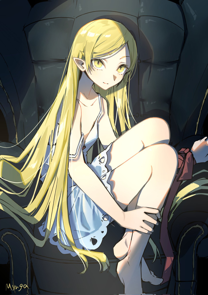 1girl bakemonogatari bangs bare_legs bare_shoulders barefoot blonde_hair collarbone couch dress highres kiss-shot_acerola-orion_heart-under-blade lingerie long_hair looking_at_viewer monogatari_(series) myuga66666 negligee nightgown parted_bangs pointy_ears ribbon signature sitting strap_slip toes underwear very_long_hair white_dress white_nightgown yellow_eyes