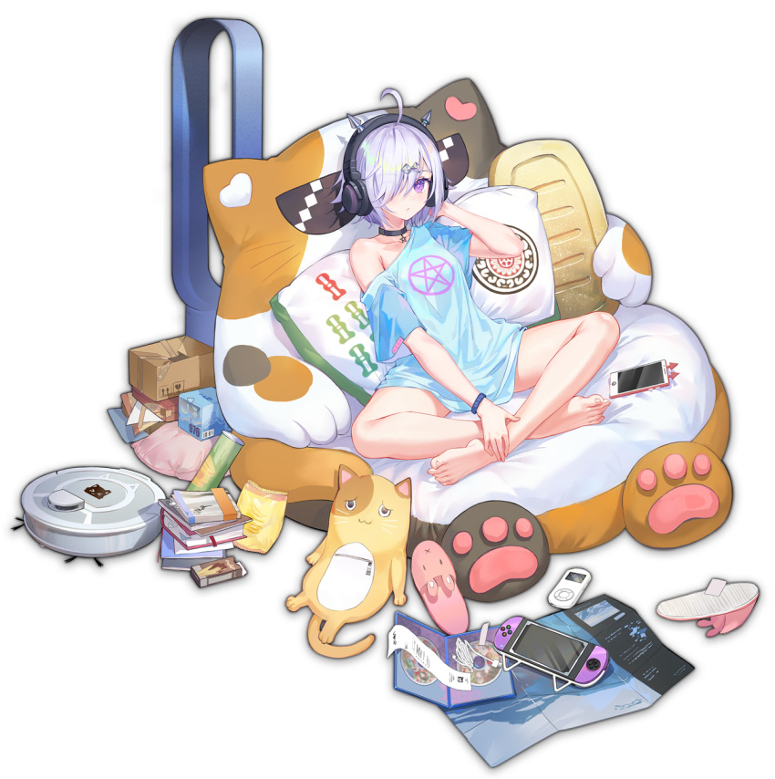 1girl ahoge artist_request barefoot blue_shirt book box bracelet cellphone chips collar collarbone crossed_legs digital_media_player feet food game_cg game_console hair_ornament hair_over_one_eye headphones heart highres ipod jewelry looking_at_viewer mahjong mahjong_soul mahjong_tile nintendo_switch official_art oversized_clothes oversized_shirt pentagram phone pillow pocky potato_chips pringles_can receipt roomba shirt simple_background sitting slippers slippers_removed smartphone solo stuffed_animal stuffed_toy suzumiya_anju third-party_source transparent_background violet_eyes white_hair yostar zipper zipper_pull_tab