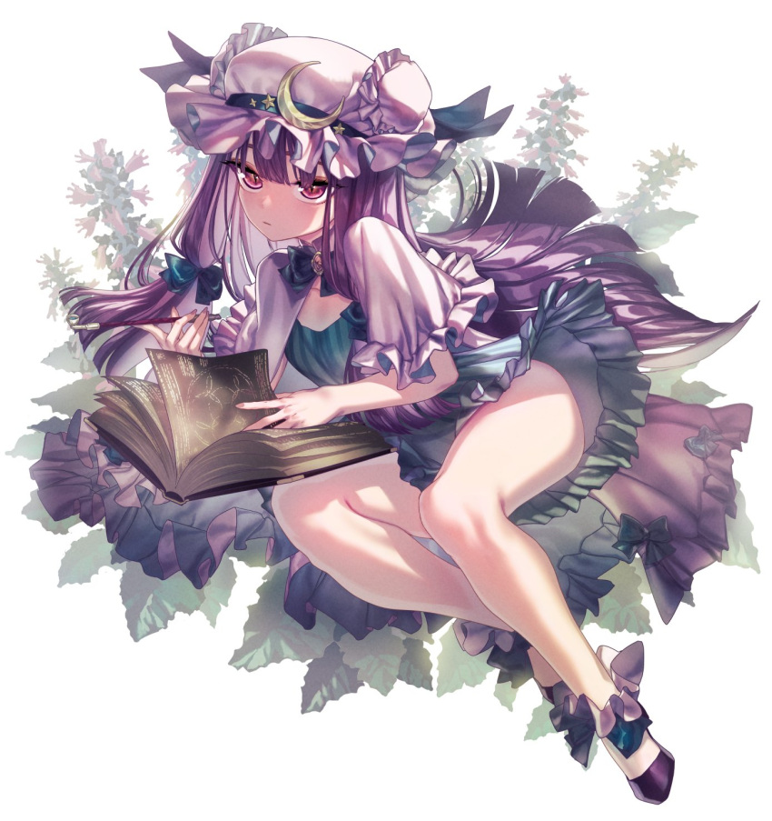1girl bangs bare_legs blue_bow blunt_bangs book bow capelet closed_mouth crescent crescent_hat_ornament dress full_body green_dress hair_bow hat hat_ornament highres kiseru long_hair looking_at_viewer mob_cap patchouli_knowledge pipe purple_capelet purple_footwear purple_hair purple_headwear shoes sitting slit_pupils solo thupoppo touhou very_long_hair violet_eyes white_background
