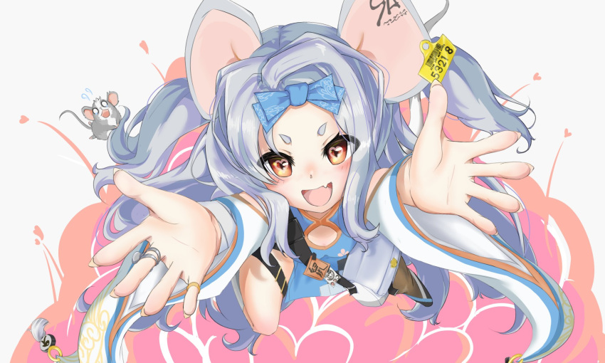 absurdly_long_hair akatsuki_(akatsukinotsuki) animal animal_ears aqua_dress blue_archive bow china_dress chinese_clothes detached_sleeves dress ear_tag eyebrows hair_bow heart heart-shaped_pupils highres jewelry long_hair mouse mouse_ears mouse_girl nose open_mouth pantyhose pantyhose_around_one_leg reaching ring saya_(blue_archive) smile smoke symbol-shaped_pupils very_long_hair