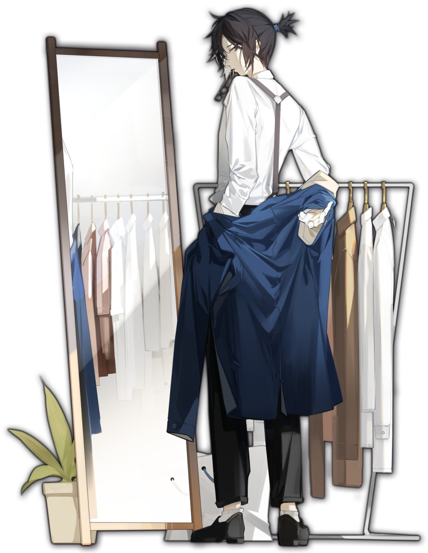 1boy artist_request black_footwear black_hair black_legwear blue_jacket clothes_rack dressing_room eyewear_in_mouth game_cg glasses grey_eyes highres jacket kisaragi_ren_(mahjong_soul) looking_at_viewer looking_back mahjong_soul mirror mouth_hold official_art plant potted_plant profile shirt simple_background solo suspenders third-party_source tied_hair transparent_background undressing white_shirt yostar