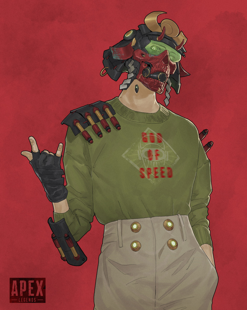 1boy absurdres apex_legends black_gloves ching_yeh copyright_name fingerless_gloves gas_mask gloves green_shirt hand_in_pocket helmet highres looking_at_viewer male_focus mask octane_(apex_legends) red_background shirt solo standing sweatshirt tinted_eyewear