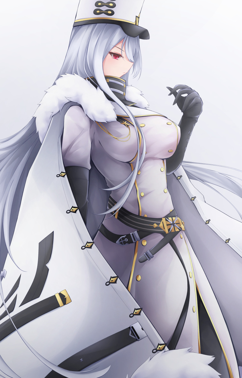 1girl absurdres azur_lane black_gloves breasts buttons coat coat_dress double-breasted elbow_gloves from_side gloves gold_trim hair_between_eyes hat high_collar highres large_breasts long_hair looking_at_viewer military_hat osatou_(soul_of_sugar) red_eyes sideways_glance simple_background solo sovetskaya_rossiya_(azur_lane) standing very_long_hair white_background white_coat white_hair