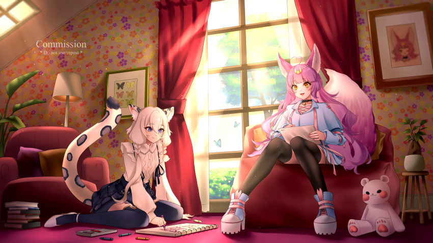 2girls animal_ears armchair bangs banned_artist black_legwear blue_dress blue_eyes blue_legwear blue_skirt book chair character_request closed_mouth commission dress eyebrows_visible_through_hair fox_ears fox_tail highres indie_virtual_youtuber lamp long_hair looking_away mior multiple_girls open_mouth orange_eyes pink_hair room shirt shoes silver_hair sitting skeb_commission skirt smile su'ri_(vtuber) suspender_skirt suspenders tail thigh-highs tiger_ears tiger_tail toy virtual_youtuber white_shirt window