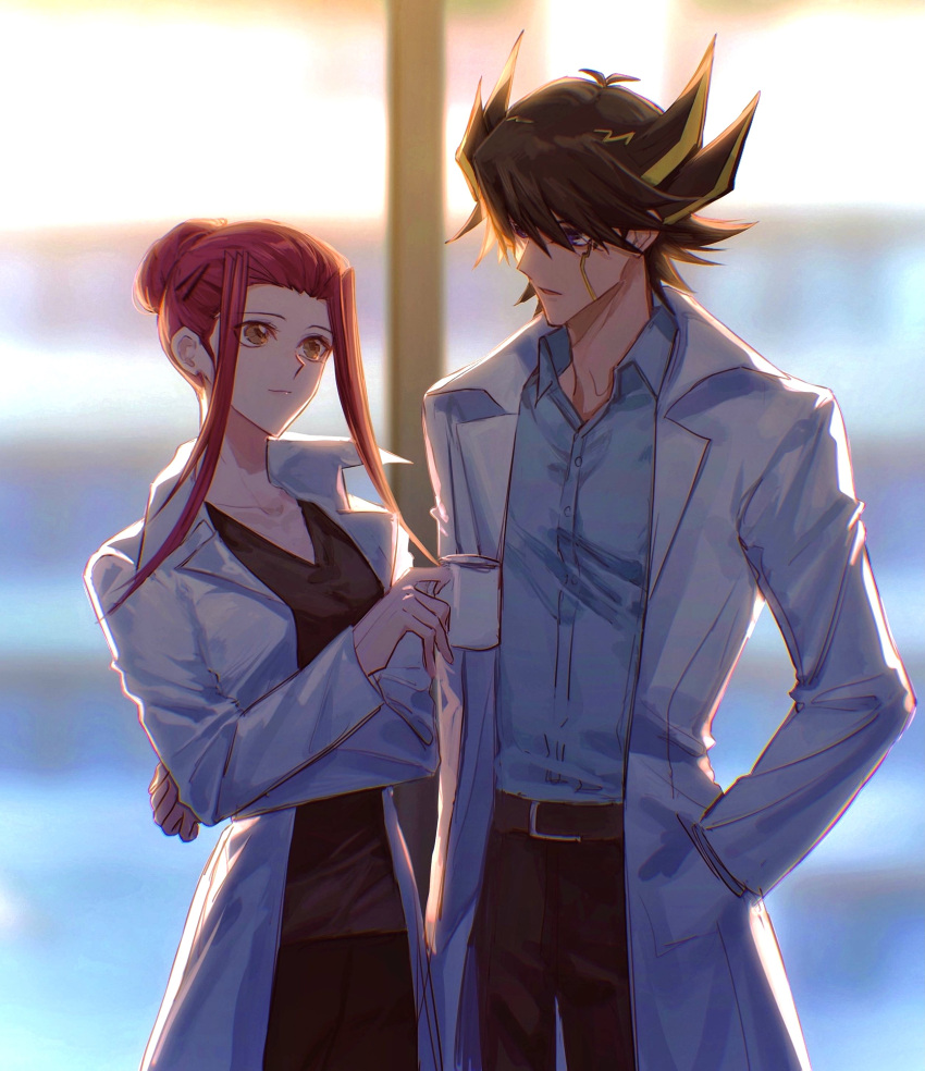 1boy 1girl absurdres belt_buckle black_hair black_pants black_shirt blonde_hair blue_eyes blue_shirt blurry blurry_background brown_eyes buckle coffee_mug collarbone collared_shirt crossed_arms cup dress_shirt eye_contact fudou_yuusei hand_in_pocket highres holding holding_cup izayoi_aki labcoat looking_at_another mug multicolored_hair naoki_(2rzmcaizerails6) pants redhead shirt short_hair_with_long_locks sidelocks spiky_hair tied_hair two-tone_hair wing_collar yu-gi-oh! yu-gi-oh!_5d's