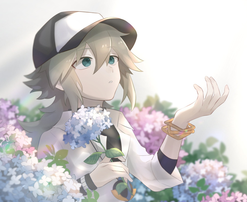1boy bangle bangs baseball_cap black_undershirt bracelet collared_shirt commentary_request day eyebrows_visible_through_hair flower green_hair hair_between_eyes hat highres holding holding_flower jewelry long_hair male_focus n_(pokemon) outdoors parted_lips pokemon pokemon_(game) pokemon_bw shirt sioinari_03 sleeves_past_elbows solo undershirt white_shirt wristband younger