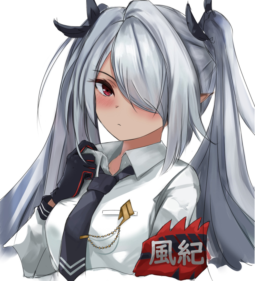 1girl armband asymmetrical_bangs bangs black_gloves black_necktie black_ribbon blue_archive blush breasts closed_mouth collared_shirt conconcya dark-skinned_female dark_skin gloves grey_hair hair_over_one_eye hair_ribbon highres iori_(blue_archive) long_hair looking_at_viewer medium_breasts necktie pointy_ears red_eyes ribbon shirt simple_background solo twintails upper_body white_background white_shirt