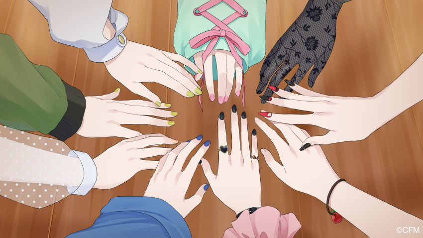 6+girls absurdres angel_hair_(vocaloid) animal_(vocaloid) black_gloves black_nails blue_nails blue_sweater bracelet cinderella_(vocaloid) cross-laced_sleeves dilemma_(vocaloid) gift_(vocaloid) gloves green_nails hand_focus hatsune_miku heart highres jewelry lace lace_gloves long_sleeves multiple_girls parasite_(vocaloid) pink_ribbon red_nails ribbon ring rozu_ki see-through_sleeves shirt status_effect:_girlfriend_(vocaloid) sweater u_(vocaloid) vampire_(vocaloid) vocaloid white_shirt