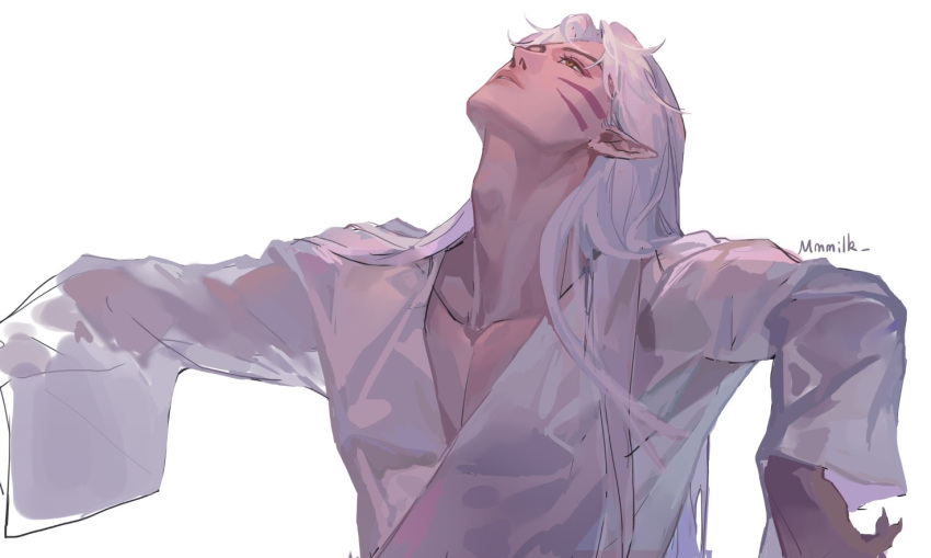 1boy arms_up commentary_request facial_mark inuyasha long_hair looking_up male_focus mmmilk parted_lips pointy_ears sesshoumaru shirt simple_background solo upper_body whisker_markings white_background white_hair white_shirt yellow_eyes