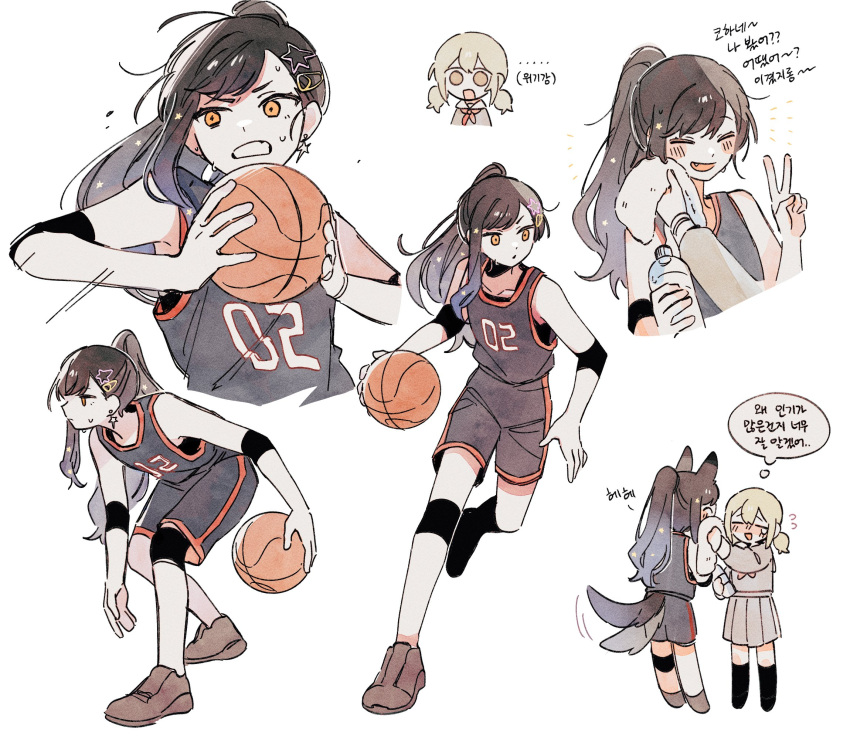 ... 2girls animal_ears azusawa_kohane basketball basketball_uniform black_hair blue_hair blue_shirt blue_shorts bottle brown_eyes brown_footwear bumgae clenched_teeth commentary_request elbow_pads grey_serafuku grey_shirt grey_skirt hair_up high_ponytail highres holding holding_towel knee_pads korean_commentary korean_text light_brown_hair long_sleeves multiple_girls open_mouth playing_sports pleated_skirt project_sekai school_uniform serafuku shiraishi_an shirt shoes shorts skirt sleeveless sleeveless_shirt sneakers sportswear sweat tail tail_wagging teeth towel translation_request v water_bottle wolf_ears wolf_tail yellow_eyes