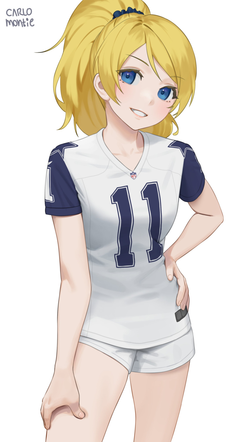 1girl absurdres artist_name ayase_eli baseball_uniform blonde_hair blue_eyes carlo_montie collarbone cowboy_shot hand_on_hip highres long_hair looking_at_viewer love_live! love_live!_school_idol_project parted_lips ponytail shirt short_shorts short_sleeves shorts simple_background smile solo sportswear white_background white_shirt white_shorts