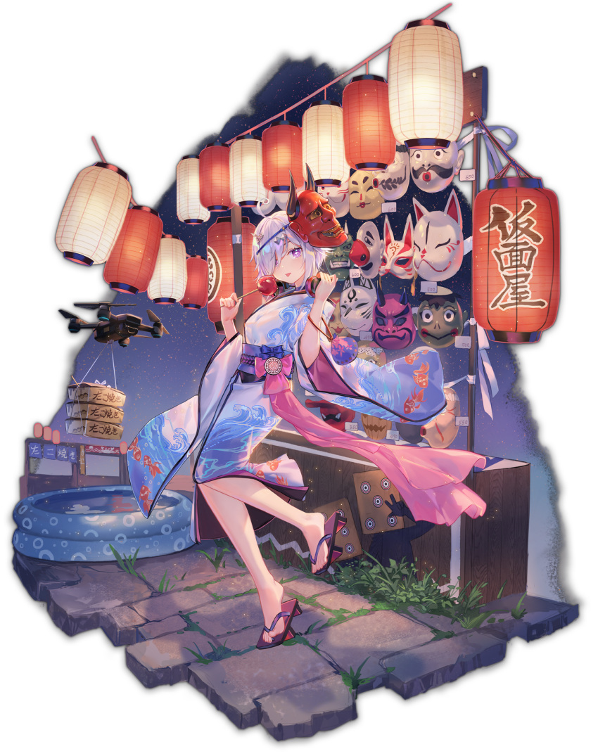 1girl ahoge animal_print artist_request candy_apple drone feet fish_print food fox_mask game_cg grass hair_ornament headphones highres holding holding_food holding_headphones japanese_clothes kappa_mask kimono lantern looking_at_viewer mahjong_soul market_stall mask mask_on_head nipples obi official_art oni_mask paper_lantern plant price_tag quadcopter ribbon sandals sash solo stone_walkway suzumiya_anju third-party_source tongue tongue_out transparent_background twilight violet_eyes wading_pool wave_print white_hair yostar