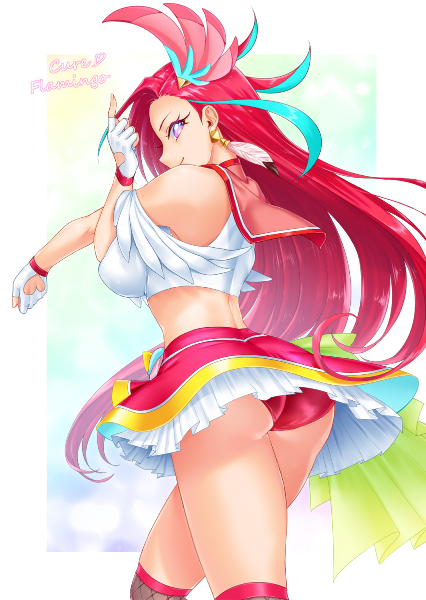 1girl aqua_hair character_name commentary_request cure_flamingo cutout_gloves earrings eyelashes gloves hair_ornament happy highres jewelry kneehighs long_hair looking_at_viewer magical_girl multicolored_hair neziiro precure redhead simple_background skirt smile solo standing streaked_hair takizawa_asuka tropical-rouge!_precure violet_eyes white_background white_gloves