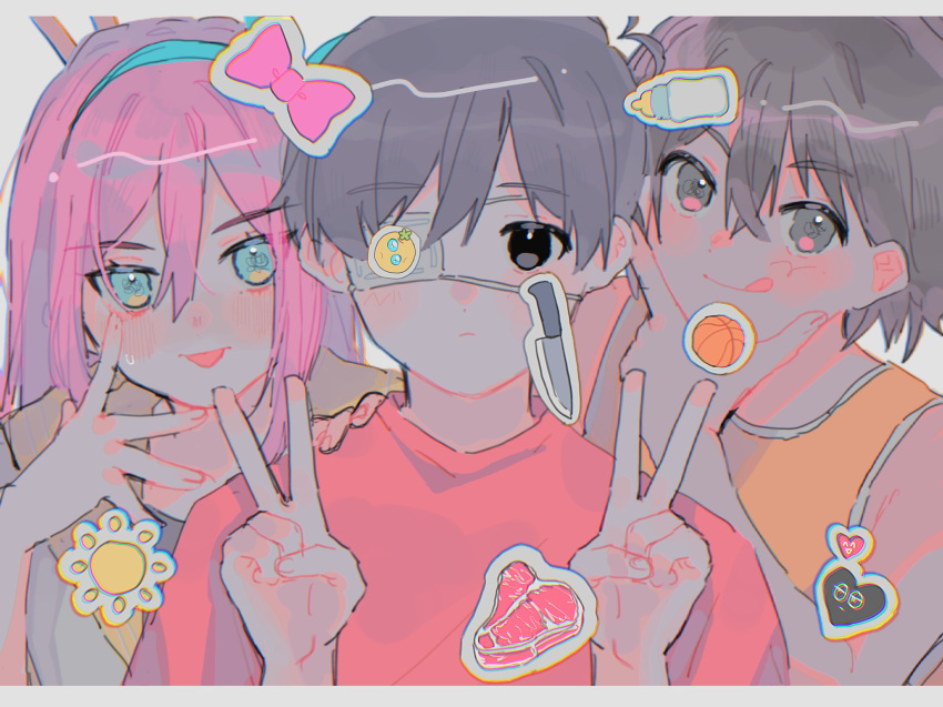 1girl 2boys :p aqua_eyes aqua_hairband aubrey_(omori) baby_bottle bangs basketball black_eyes black_hair bottle bow bow_hairband brown_hair commentary double_v eyebrows_visible_through_hair eyepatch food grey_eyes hair_between_eyes hairband hand_on_own_chin highres kel_(omori) kitchen_knife long_bangs long_hair looking_at_viewer multiple_boys omori orange_tank_top pink_bow pink_hair red_shirt shirt short_hair smile steak sticker sun_symbol sunny_(omori) superdiviatomic tank_top tongue tongue_out v