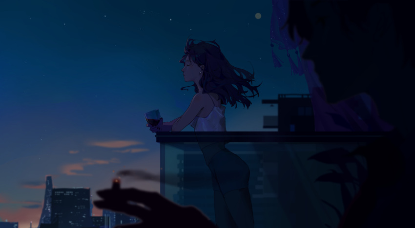 1boy 1girl balcony building camisole closed_eyes closed_mouth commentary_request crop_top cup drink drinking_glass earrings highres holding holding_drink jewelry long_hair mmmilk moon night night_sky original profile purple_hair shorts silhouette sky smoking solo_focus star_(sky) stud_earrings white_camisole wine_glass