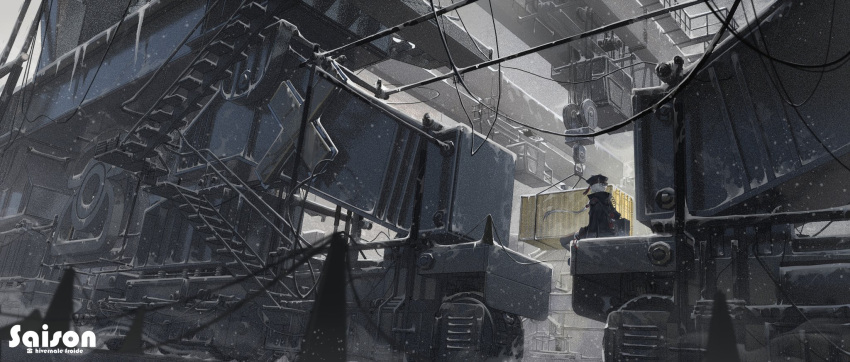 1girl black_legwear blurry blurry_foreground cable cityscape container cross french_text giant grey_sky hair_ornament hat highres industrial looking_away original pulley scenery sitting snow snowing solo stairs stalactite thigh-highs translated trench_coat wheel white_hair winter zebai7339