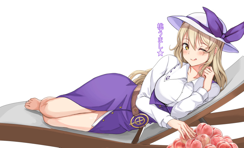 1girl ;q amagi_(amagi626) bangs barefoot belt blush breasts eyebrows_visible_through_hair food full_body hair_between_eyes hat highres large_breasts long_hair long_sleeves looking_at_viewer one_eye_closed purple_skirt shirt simple_background skirt smile solo table toes tongue tongue_out touhou watatsuki_no_toyohime white_background white_shirt yellow_eyes