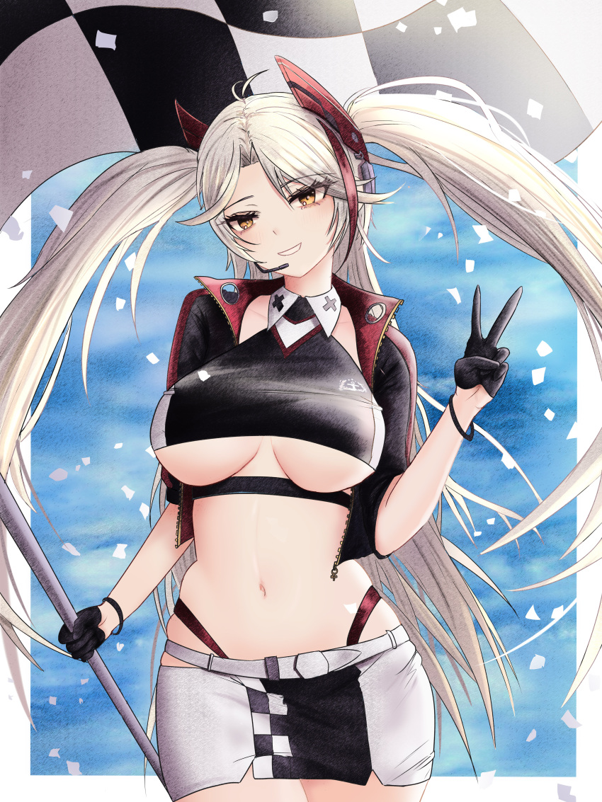 1girl absurdres azur_lane bangs black_gloves black_jacket black_tank_top blush breasts crop_top eyebrows_visible_through_hair flag gloves highres holding holding_flag jacket kcar66t large_breasts long_hair looking_at_viewer miniskirt navel official_alternate_costume open_clothes open_jacket open_mouth petals prinz_eugen_(azur_lane) prinz_eugen_(final_lap)_(azur_lane) racequeen silver_hair simple_background skirt smile solo standing tank_top twintails under_boob v very_long_hair white_skirt yellow_eyes