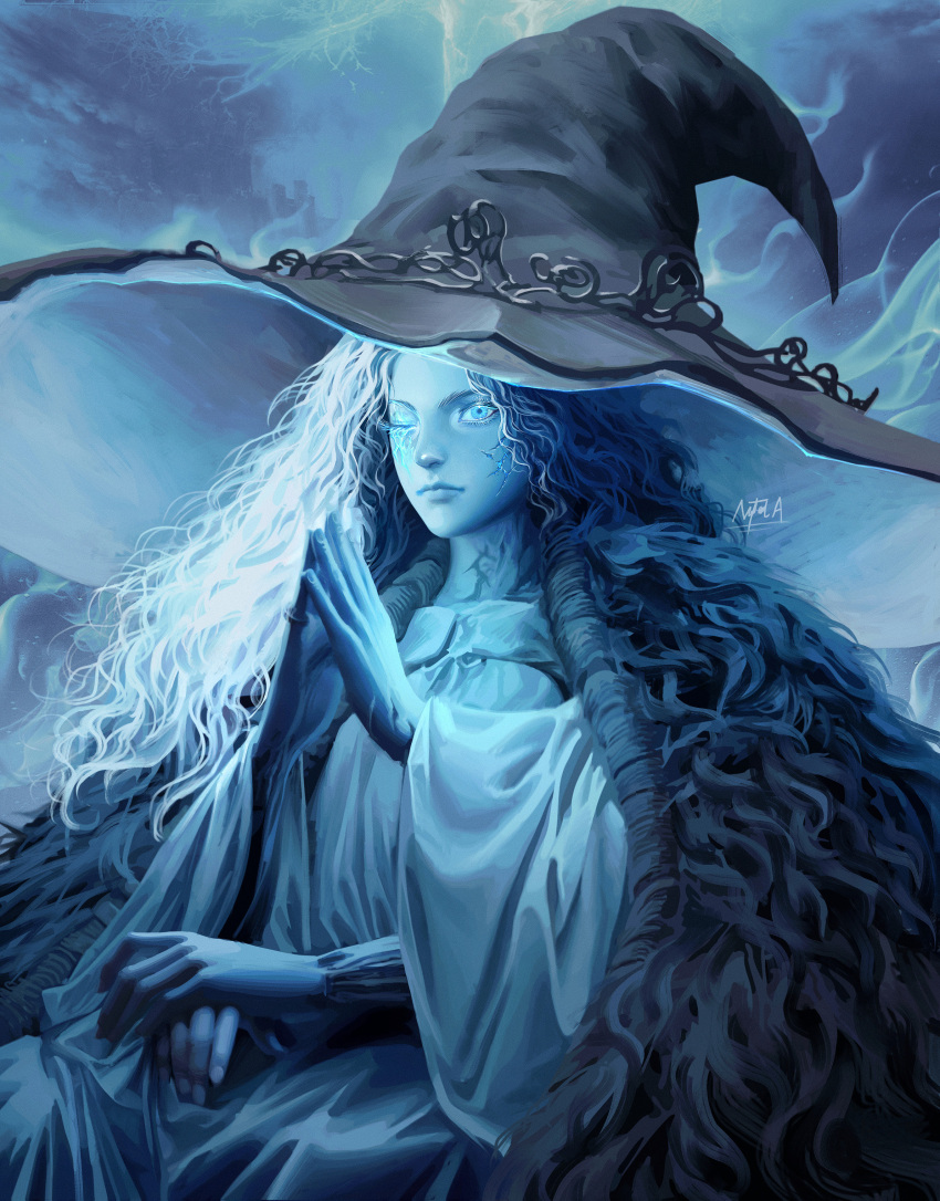 1girl absurdres blue_eyes blue_hair blue_skin blue_theme cloak closed_mouth colored_skin commentary cracked_skin elden_ring english_commentary erdtree_(elden_ring) extra_arms full_moon fur_cloak grey_headwear hat highres long_sleeves looking_at_viewer monochrome moon naofaro one_eye_closed ranni_the_witch signature solo wide_sleeves witch_hat