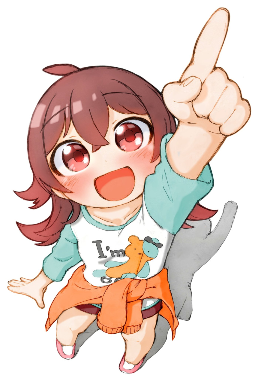 ahoge arm_up bangs blue_shirt blush clothes_around_waist collarbone commentary_request eyebrows_visible_through_hair flat_chest hair_between_eyes highres idolmaster idolmaster_shiny_colors index_finger_raised komiya_kaho long_hair long_sleeves looking_up mugenhouyou open_mouth orange_sweater pink_footwear pointing print_shirt red_eyes red_shorts redhead shadow shirt shorts smile solo sweater sweater_around_waist white_background
