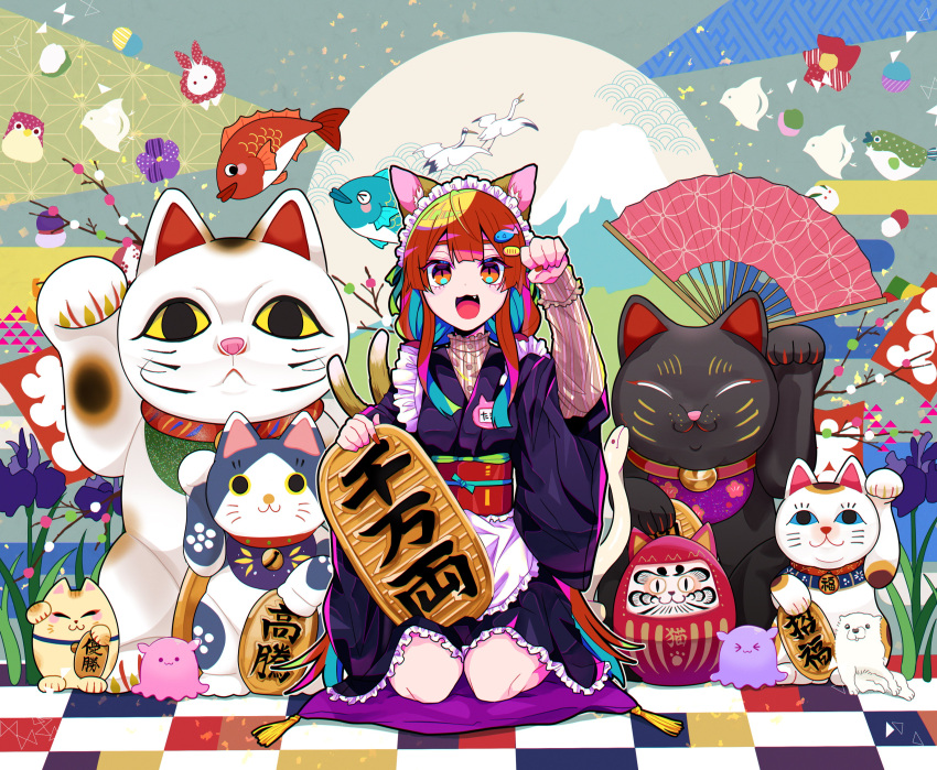 1girl :3 absurdres alternate_costume animal_ears apron bell black_cat black_dress blue_eyes branch calico cat cat_day cat_ears cat_tail checkered_floor closed_eyes clouds daruma_doll dress fingernails fish flower gold_coin grass highres japanese_clothes maneki-neko mount_fuji multiple_cats multiple_tails neck_bell on_floor original paw_pose paw_print pillow red_eyes red_nails redhead sharp_fingernails shirt sitting sitting_on_pillow slit_pupils ssm_a_u striped striped_shirt tail tassel two_tails whiskers white_cat yellow_eyes