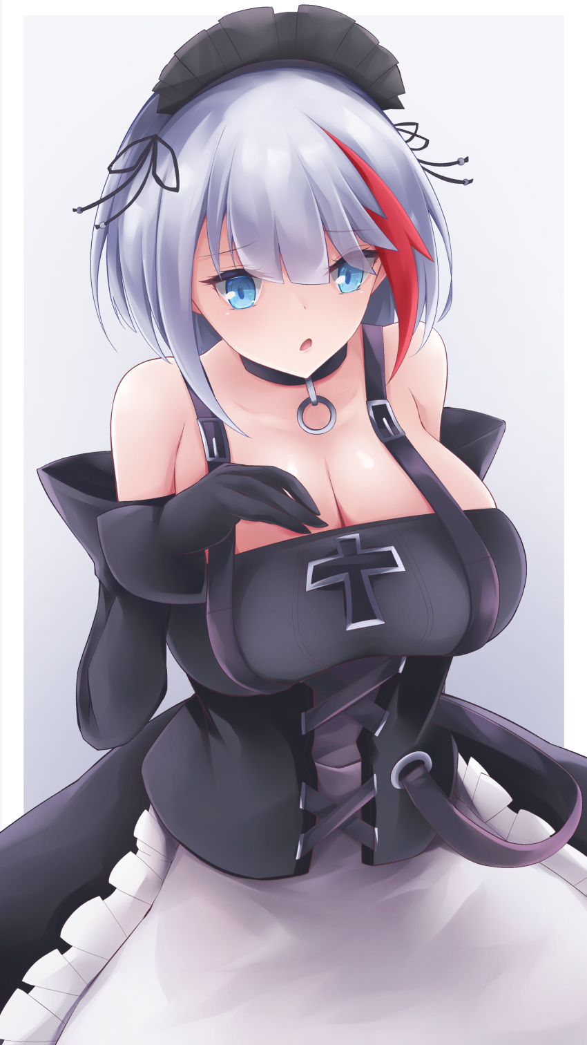 1girl absurdres admiral_graf_spee_(azur_lane) alternate_breast_size alternate_costume apron azur_lane black_choker black_dress black_gloves blue_eyes breasts choker cross detached_sleeves dress enmaided frilled_apron frills gloves grey_background highres iron_cross large_breasts maid maid_headdress multicolored_hair osatou_(soul_of_sugar) redhead simple_background solo standing streaked_hair two-tone_hair waist_apron white_apron white_hair