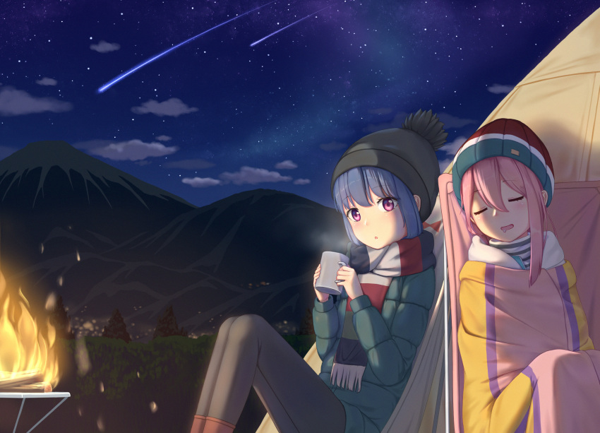 2girls :o abwan bangs beanie black_headwear black_legwear blue_hair blue_jacket blush brown_footwear burning campfire closed_eyes clouds commentary drooling eyebrows_visible_through_hair falling_star feet_out_of_frame fire fringe_trim hair_between_eyes hat highres jacket kagamihara_nadeshiko knees_up long_sleeves mountain multiple_girls night night_sky open_mouth outdoors pantyhose parted_lips pink_hair red_headwear saliva scarf shima_rin sitting sky sleeping star_(sky) starry_sky striped symbol-only_commentary tent violet_eyes yurucamp