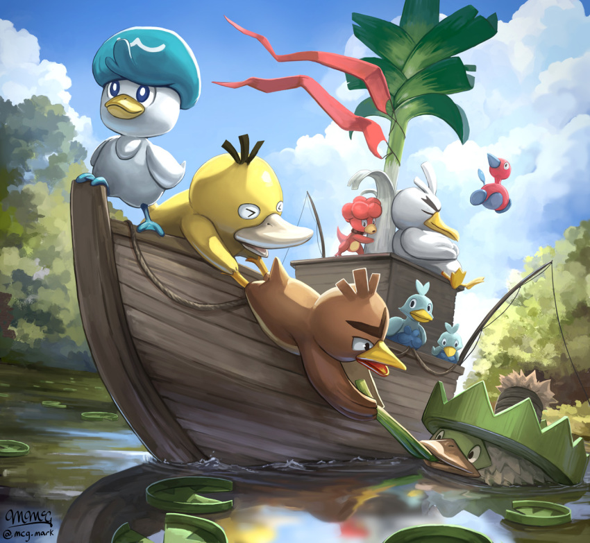 &gt;_&lt; blue_eyes boat bright_pupils closed_mouth clouds commentary day ducklett farfetch'd fishing_rod highres lily_pad ludicolo magby mcgmark no_humans outdoors pokemon pokemon_(creature) porygon2 psyduck quaxly reflection ripples signature sirfetch'd sky smile standing water watercraft white_pupils