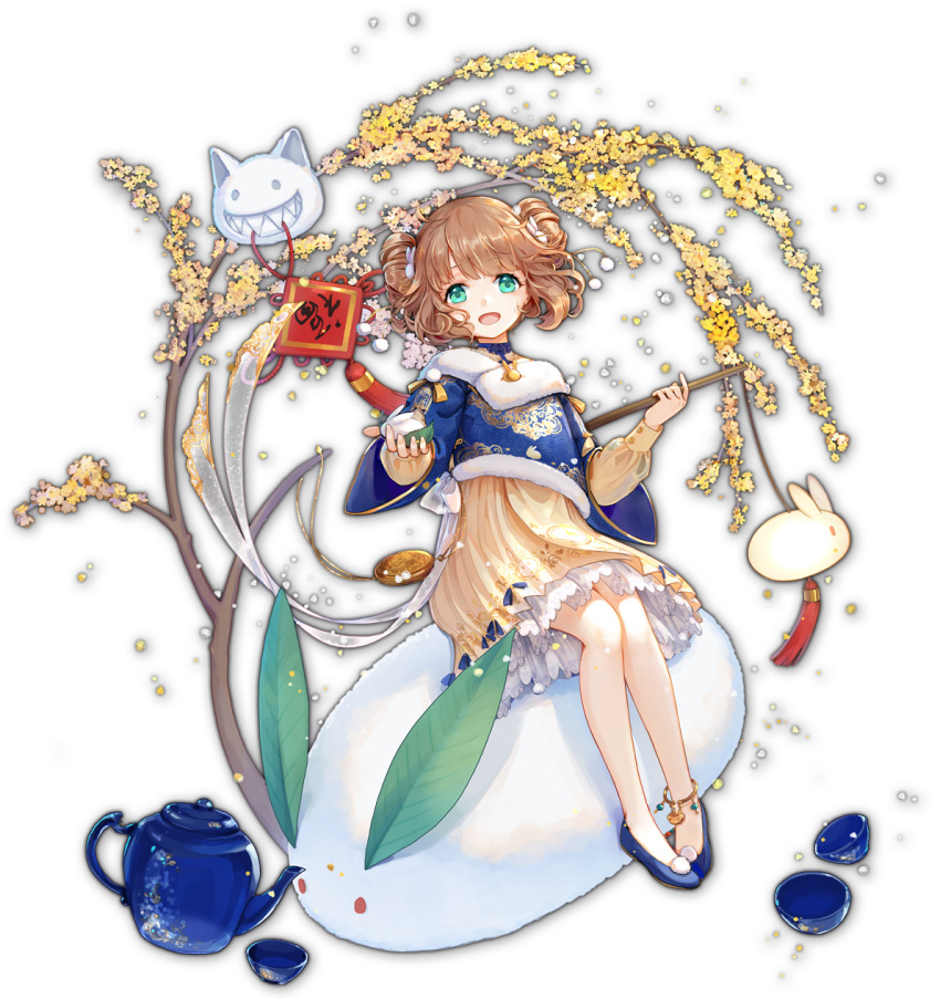 1girl anklet aqua_eyes artist_request blue_footwear branch brown_hair choker cup double_bun game_cg highres hina_momo holding holding_stick jewelry leaf looking_at_viewer mahjong_soul official_art open_mouth plant simple_background smile solo stick tassel teacup teapot third-party_source transparent_background yostar