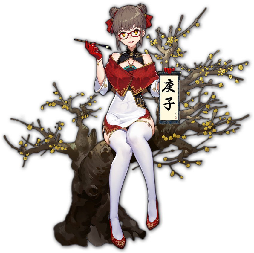 1girl artist_request bangs bracelet branch brown_hair calligraphy double_bun game_cg glasses holding holding_brush holding_scroll in_tree jewelry mahjong_soul ninomiya_hana official_art red-framed_eyewear red_eyes red_footwear scroll simple_background sitting sitting_in_tree thigh-highs third-party_source transparent_background tree yostar