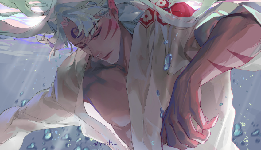 1boy air_bubble artist_name bubble closed_eyes closed_mouth commentary facial_mark forehead_mark inuyasha long_hair male_focus mmmilk open_clothes open_shirt pectorals pointy_ears sesshoumaru shirt underwater upper_body whisker_markings white_hair white_shirt