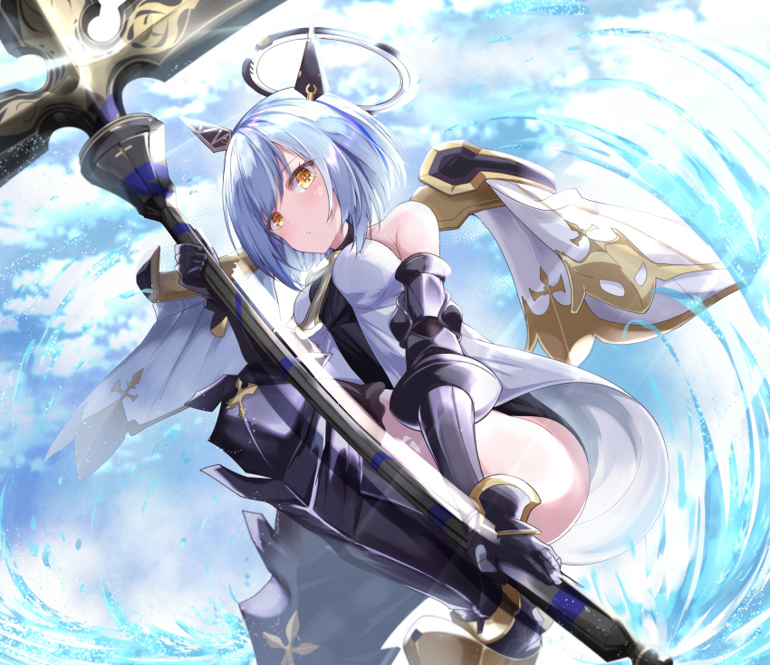 +_+ 1girl acchii_(akina) armored_boots azur_lane bare_shoulders black_dress black_footwear blue_hair boots cross detached_wings dress gascogne_(azur_lane) gauntlets headgear highres holding holding_cross knee_boots mechanical_halo mechanical_wings short_dress short_hair sleeveless sleeveless_dress solo strapless strapless_dress two-tone_dress white_dress wings yellow_eyes