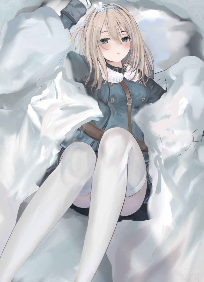 1girl :o absurdres bangs belt blonde_hair blue_coat blue_eyes blue_hairband blue_jacket blush breasts coat eyebrows_visible_through_hair feet_out_of_frame girls_frontline hairband highres jacket legs_up long_hair looking_at_viewer lying mimi_ari_mimi_nashi_mimi_mimi open_mouth snow solo suomi_(girls'_frontline) thigh-highs white_legwear winter