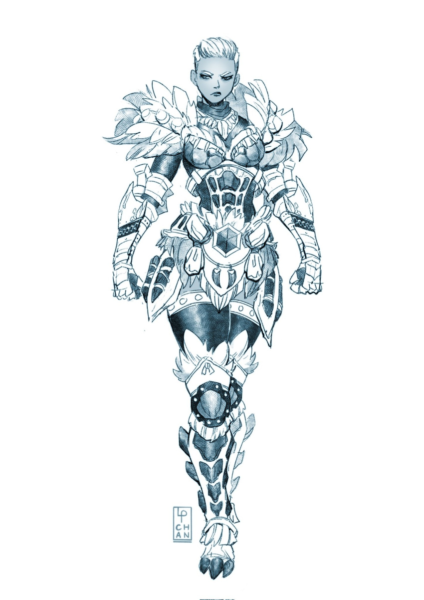 1girl armor basarios_(armor) boobplate clenched_hands dark-skinned_female dark_skin english_commentary faulds frills full_armor full_body gauntlets goss_harag_(armor) greaves highres knee_pads looking_to_the_side monochrome monster_hunter_(character) monster_hunter_(series) monster_hunter_rise pechan short_hair solo standing thigh-highs very_short_hair white_background