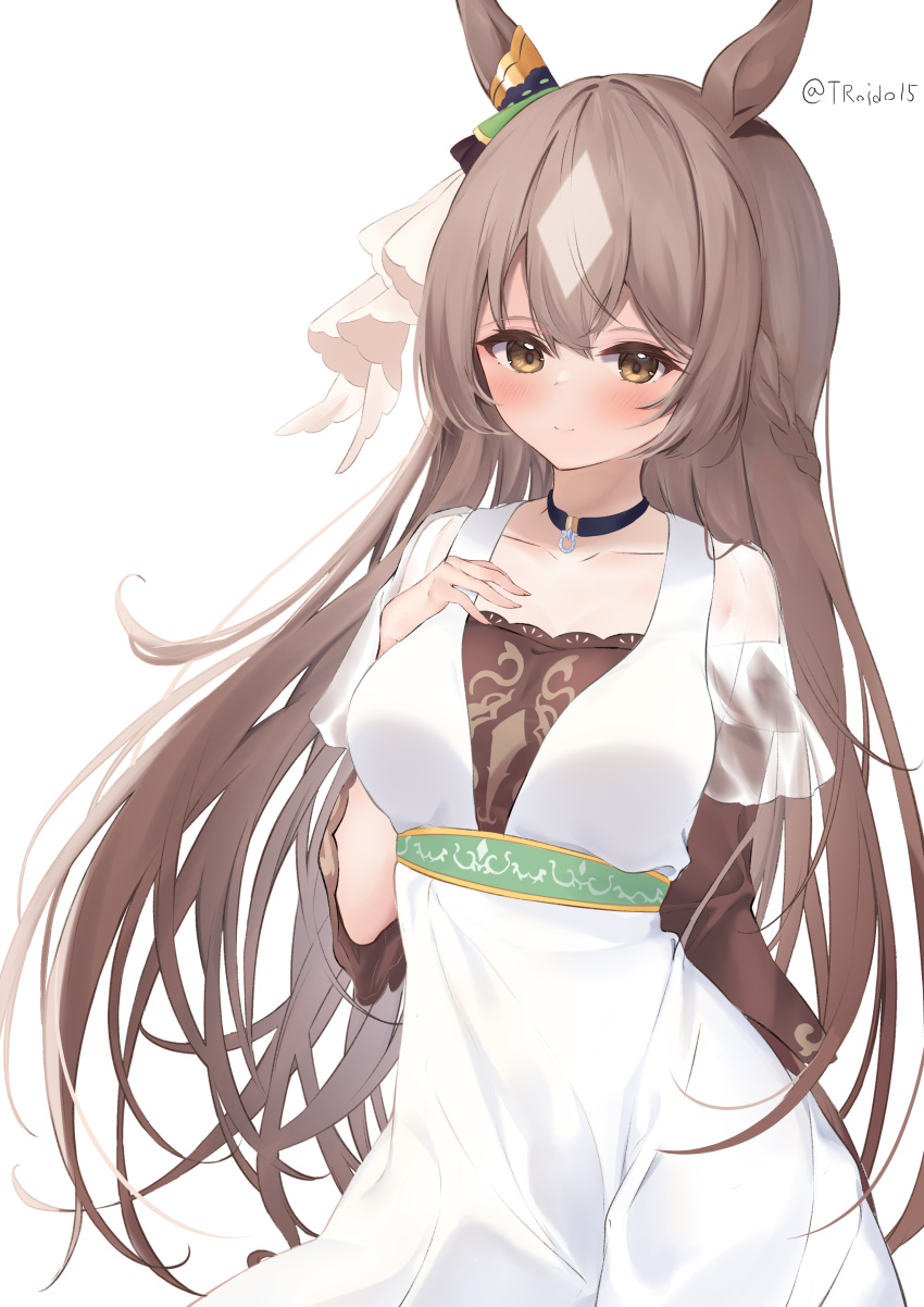 1girl absurdres animal_ears bangs blush breasts brown_eyes brown_hair closed_mouth collarbone dress eyebrows_visible_through_hair grey_hair hair_between_eyes hand_up highres horse_ears large_breasts layered_sleeves long_hair long_sleeves looking_at_viewer roido_(taniko-t-1218) satono_diamond_(umamusume) see-through see-through_sleeves short_over_long_sleeves short_sleeves simple_background smile solo twitter_username two-tone_background umamusume very_long_hair white_background white_dress wide_sleeves