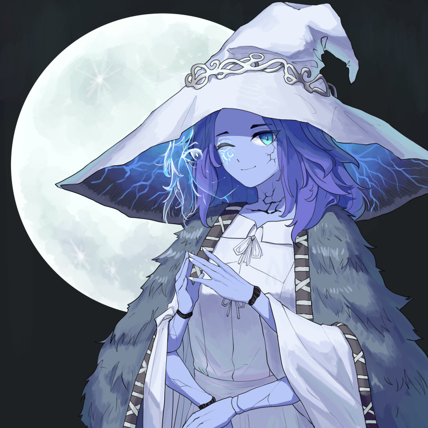 1girl absurdres blue_eyes blue_hair blue_skin cloak closed_mouth colored_skin cracked_skin dress elden_ring extra_arms extra_faces fingernails full_moon fur_cloak hat highres joints long_sleeves looking_at_viewer moon nail_polish one_eye_closed ranni_the_witch smile solo steepled_fingers user_zspc3577 white_dress white_nails wide_sleeves witch_hat