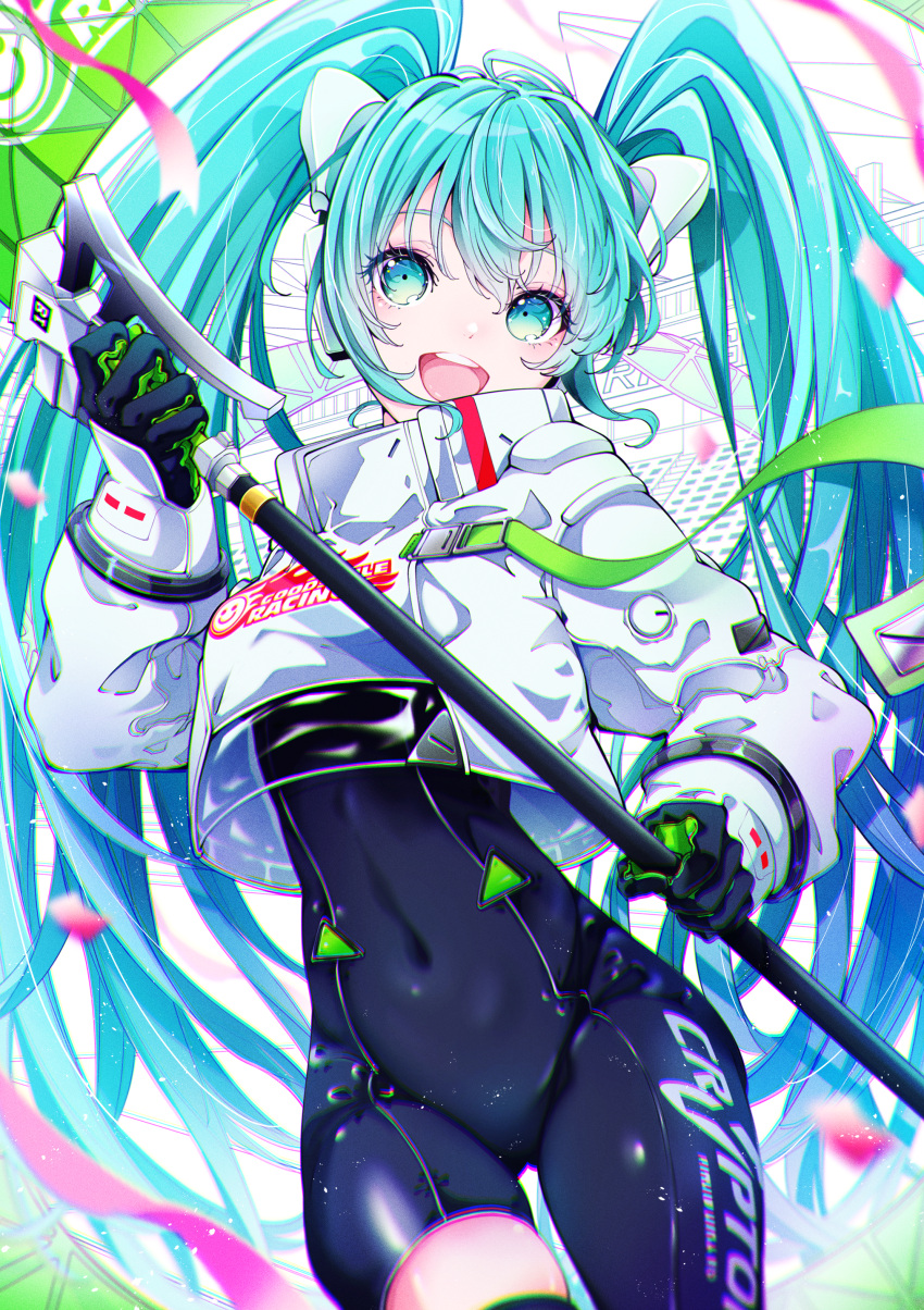 1girl :d absurdres animal_ear_headphones aqua_eyes aqua_hair arched_back asymmetrical_clothes bangs blue_bodysuit blurry blurry_foreground bodysuit bodysuit_under_clothes breasts commentary_request confetti covered_navel cropped_jacket crypton_future_media eyelashes eyeshadow gloves goodsmile_racing hand_up hatsune_miku head_tilt headset highres holding jacket kae610_oekaki long_hair long_sleeves looking_at_viewer makeup medium_breasts open_mouth print_bodysuit print_jacket racing_miku racing_miku_(2022) ribbon shiny shiny_hair sidelocks skindentation smile solo teeth thigh-highs thighs twintails upper_teeth very_long_hair vocaloid white_jacket