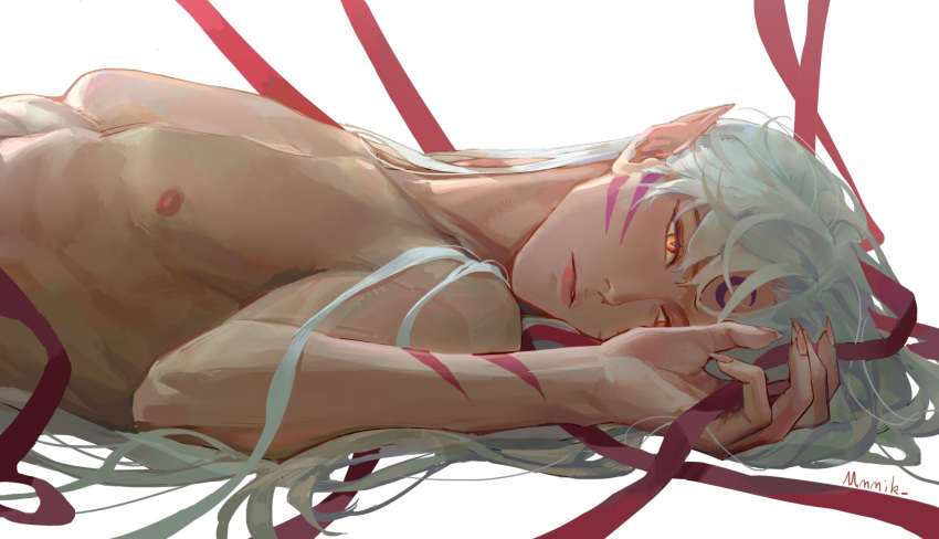 1boy arm_tattoo artist_name commentary_request facial_mark forehead_mark highres inuyasha long_hair looking_at_viewer looking_to_the_side lying male_focus mmmilk nipples on_back orange_eyes parted_lips pectorals pointy_ears red_ribbon ribbon sesshoumaru simple_background solo tattoo topless_male upper_body whisker_markings white_background white_hair