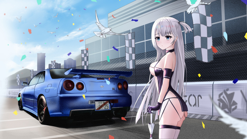 1girl absurdres azur_lane bangs bird blue_eyes breasts car closed_mouth eyebrows_visible_through_hair feet_out_of_frame gloves ground_vehicle highres holding holding_umbrella kcar66t long_hair looking_at_viewer medium_breasts mole mole_under_eye motor_vehicle official_alternate_costume petals pigeon purple_gloves racequeen shoukaku_(azur_lane) shoukaku_(sororal_wings)_(azur_lane) side_ponytail sideboob silver_hair solo standing thigh-highs thighs umbrella white_legwear