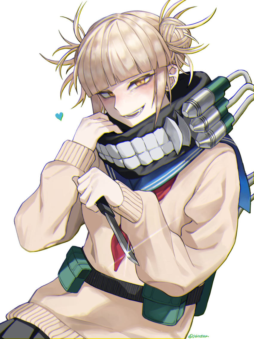 1girl asatomjj bangs belt blonde_hair blue_sailor_collar blunt_bangs boku_no_hero_academia canister cardigan double_bun fang heart highres holding holding_knife hose knife looking_at_viewer messy_hair narrowed_eyes neckerchief open_mouth red_neckerchief sailor_collar sidelocks simple_background slit_pupils smile solo toga_himiko white_background yellow_cardigan yellow_eyes