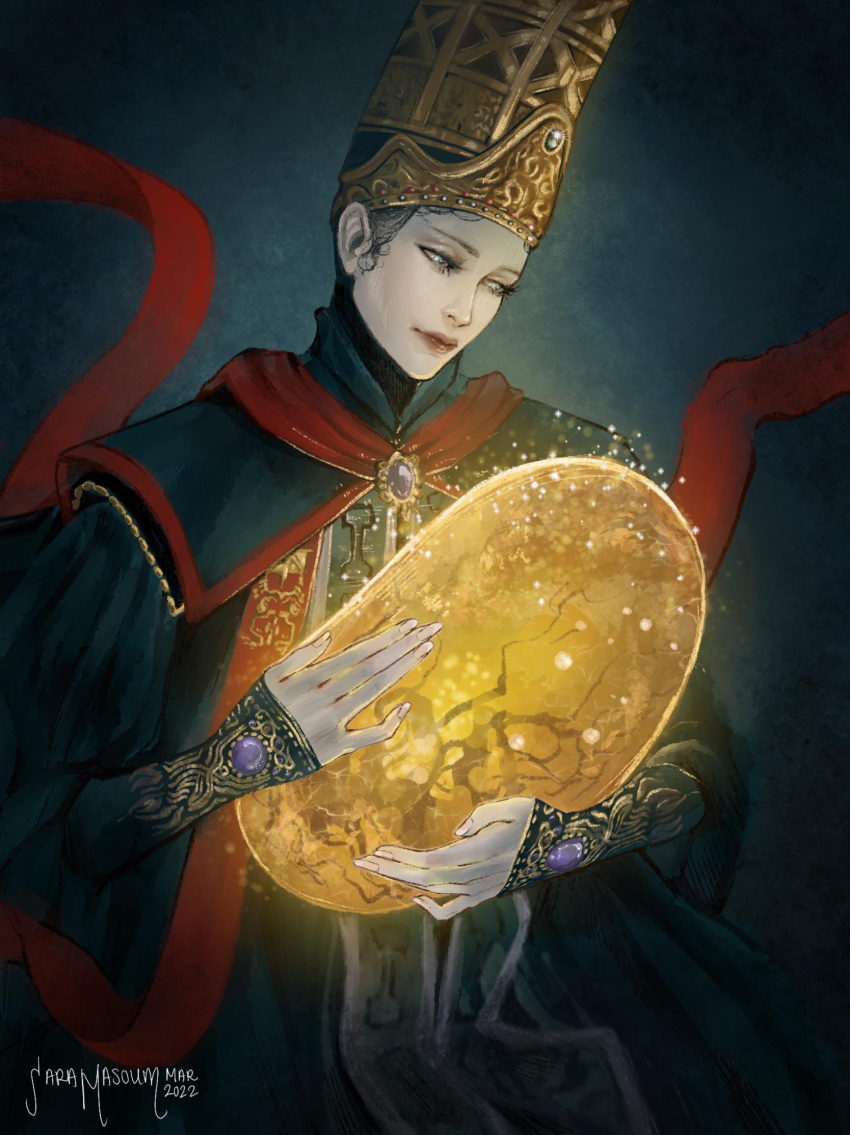 1girl artist_name blue_dress blue_eyes brooch closed_mouth dated dress elden_ring hagoromo hat highres jewelry long_sleeves rennala_queen_of_the_full_moon robe sara_masoum shawl signature sleeves_past_wrists solo wizard_hat