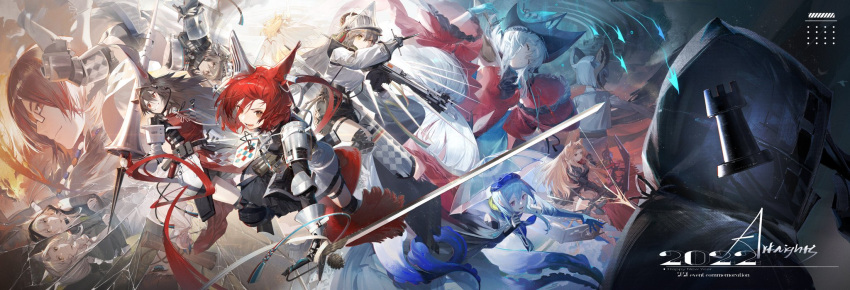 1other 2022 2boys 6+girls :d absurdly_long_hair ambiguous_gender animal_ears aqua_gloves aqua_headwear archetto_(arknights) arknights armor ashlock_(arknights) bare_shoulders black_shirt black_shorts blonde_hair blue_hair bow bow_(weapon) brown_eyes brown_hair carnelian_(arknights) cat_ears celebration chess_piece closed_eyes clothing_cutout coat compound_bow copyright_name crossbow doctor_(arknights) dress dual_persona ear_covers ears_through_headwear facing_away fartooth_(arknights) feather_hair flametail_(arknights) gauntlets glasses gloves gnosis_(arknights) goat_ears goat_girl goat_horns grin hair_ornament happy_new_year hat headgear heterochromia highres holding holding_bow holding_crossbow holding_polearm holding_umbrella holding_weapon hood hood_up horns jewelry kal'tsit_(arknights) knee_pads lance long_hair looking_at_viewer low_ponytail mizuki_(arknights) multicolored_hair multiple_boys multiple_girls navel navel_cutout nearl_(arknights) nearl_the_radiant_knight_(arknights) necklace official_alternate_costume open_mouth oripathy_lesion_(arknights) pauldrons pink_eyes polearm red_dress red_eyes red_shirt redhead rook_(chess) scroll semi-rimless_eyewear shirt short_hair shorts shoulder_armor skadi_(arknights) skadi_the_corrupting_heart_(arknights) smile streaked_hair tiara transparent transparent_umbrella umbrella under-rim_eyewear very_long_hair visor_(armor) weapon white_coat wild_mane_(arknights) yellow_eyes zebai7339