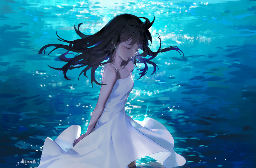 1girl bare_arms brown_hair closed_eyes closed_mouth collarbone commentary_request cowboy_shot dress earrings highres inuyasha jewelry long_hair mmmilk ocean rin_(inuyasha) sleeveless sleeveless_dress solo sparkle water white_dress