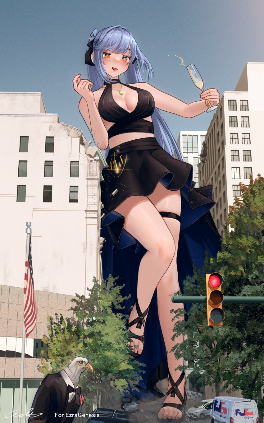 1girl absurdres american_flag azur_lane bald_eagle bird black_dress black_skirt blue_hair breasts building car city cityscape cleavage_cutout clothing_cutout criss-cross_halter day destruction dress drunk eagle essex_(azur_lane) essex_(craft_fairytail)_(azur_lane) fedex giant giantess ground_vehicle halterneck highres jewelry large_breasts long_hair motor_vehicle necklace official_alternate_costume open_mouth outdoors red_eyes sandals size_difference skirt solo thigh_strap traffic_light van very_long_hair walking welt_(kinsei_koutenkyoku)